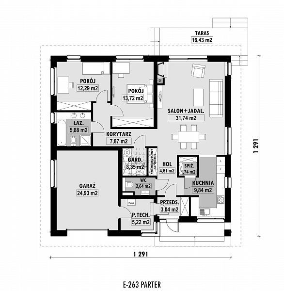 Rzut parteru POW. 126,9 m²