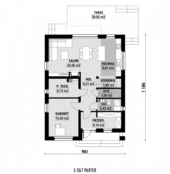 Rzut parteru POW. 77,7 m²