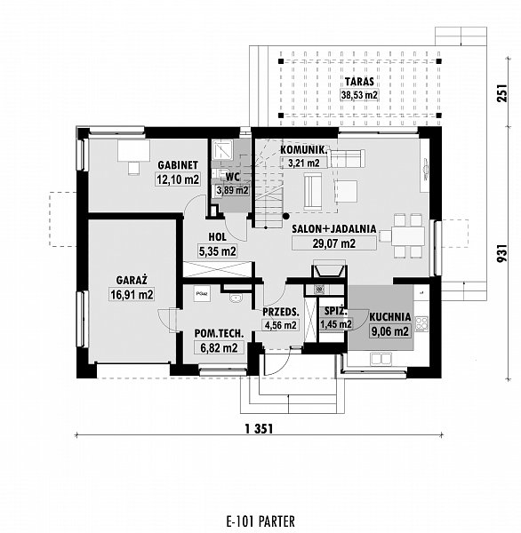 Rzut parteru POW. 92,4 m²