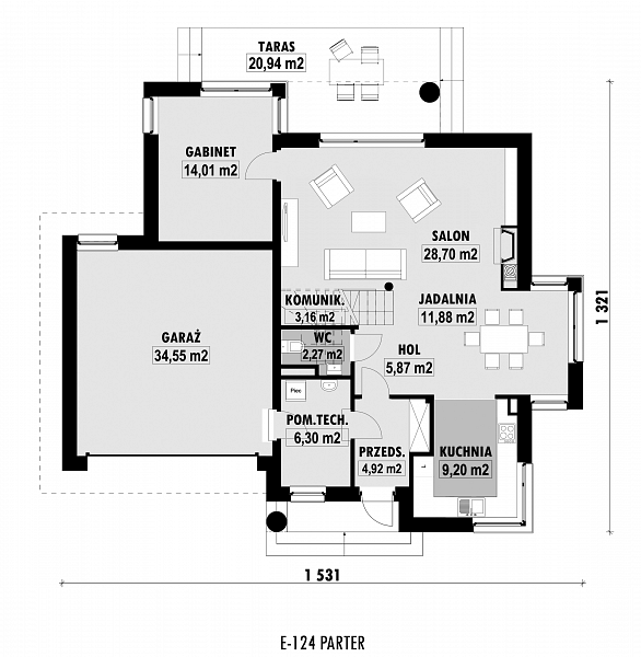 Rzut parteru POW. 120,8 m²