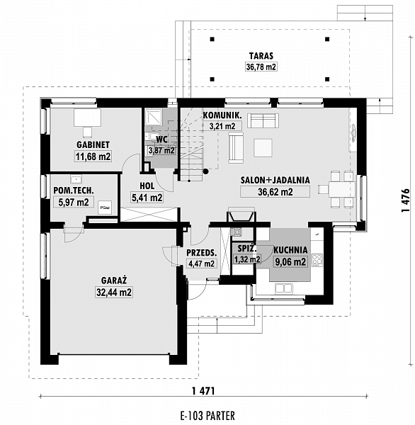 Rzut parteru POW. 114,1 m²
