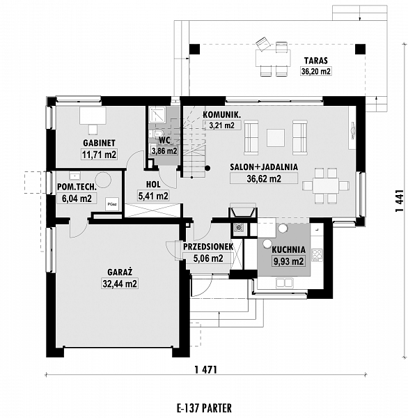 Rzut parteru POW. 114,3 m²