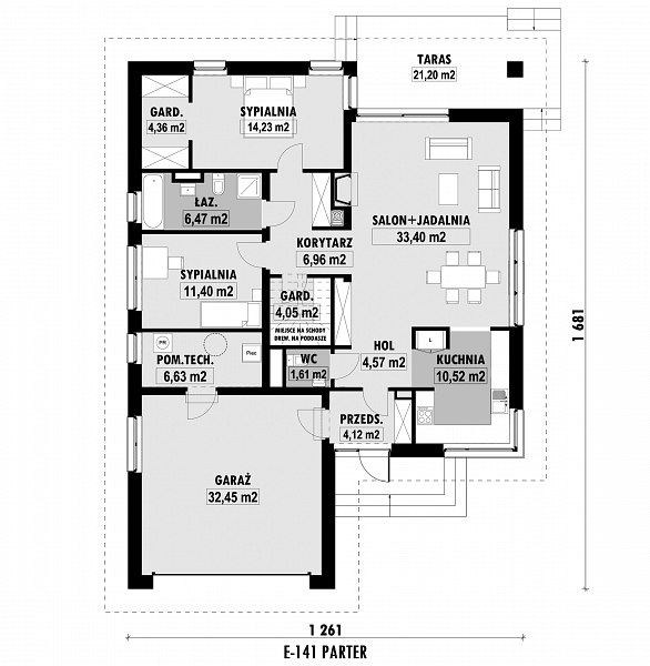 Rzut parteru POW. 140,8 m²