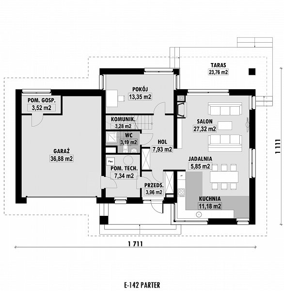 Rzut parteru POW. 123,8 m²