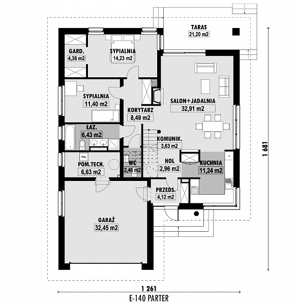 Rzut parteru POW. 141,3 m²