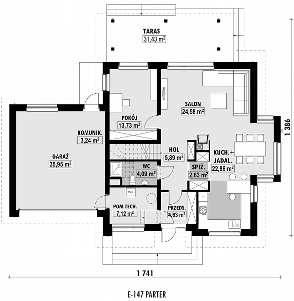 Rzut parteru POW. 124,7 m²