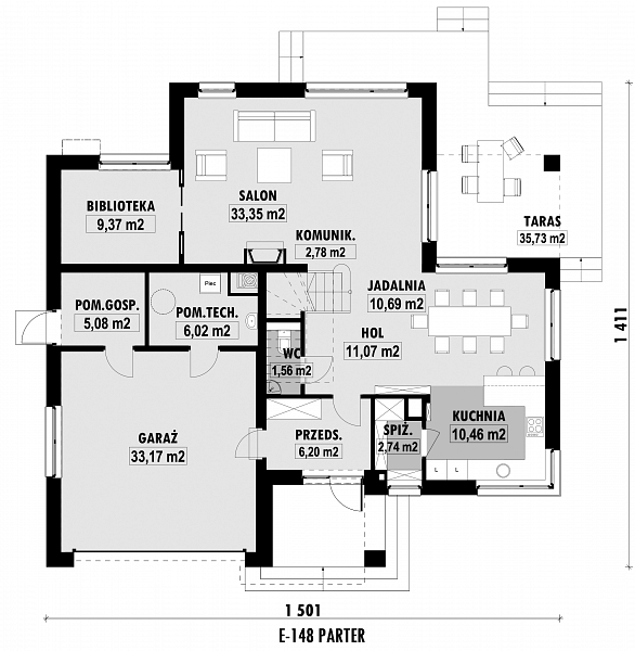 Rzut parteru POW. 132,5 m²