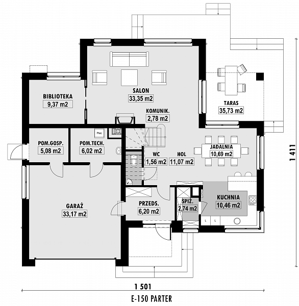 Rzut parteru POW. 132,5 m²