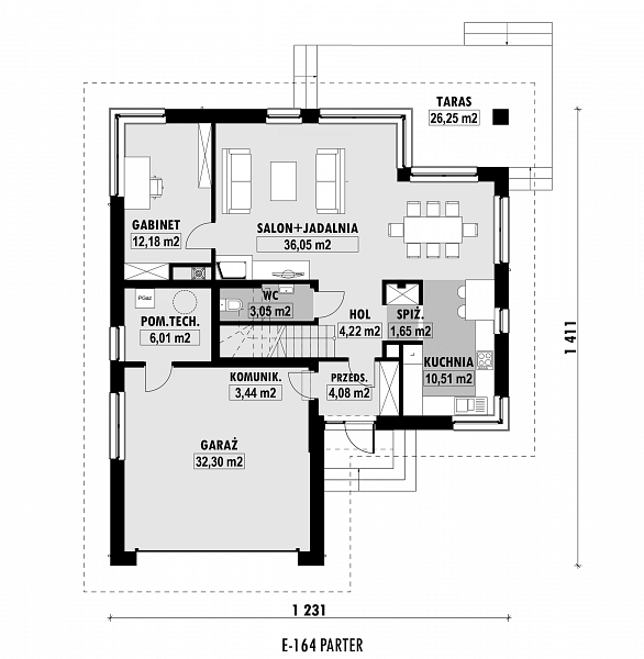 Rzut parteru POW. 113,5 m²
