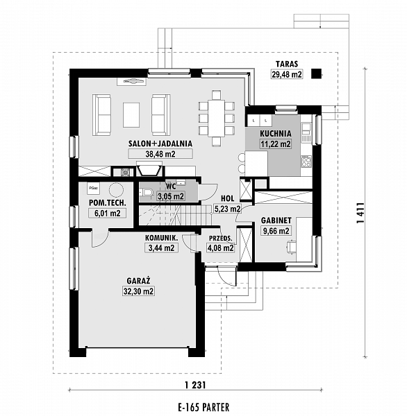Rzut parteru POW. 113,5 m²