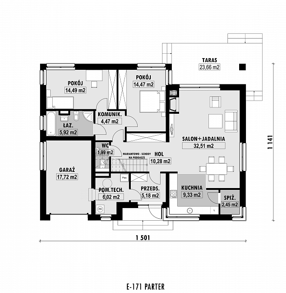 Rzut parteru POW. 124,8 m²