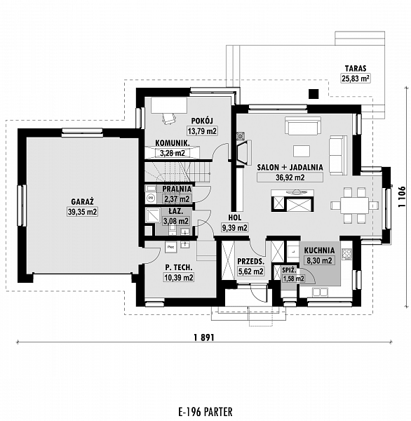 Rzut parteru POW. 134,1 m²
