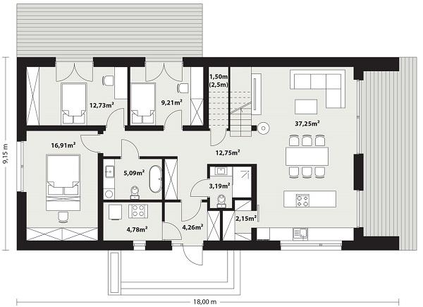 Rzut parteru: (plus możliwość adaptacji poddasza 49,39 m2) POW. 110,8 m²