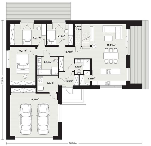 Rzut parteru: (plus możliwość adaptacji poddasza 49,39 m2) POW. 150,6 m²