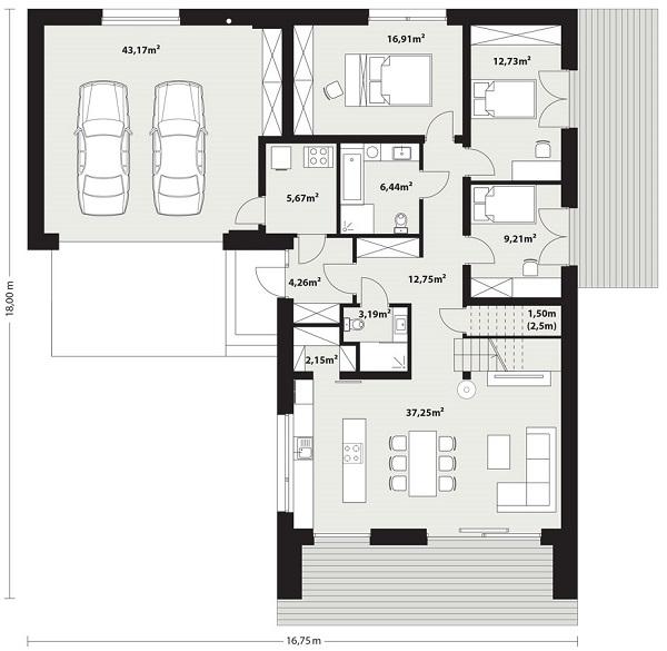 Rzut parteru: (plus możliwość adaptacji poddasza 49,39 m2) POW. 156,2 m²