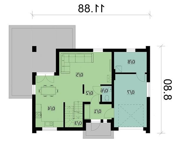 Rzut parteru lustro POW. 74,3 m²