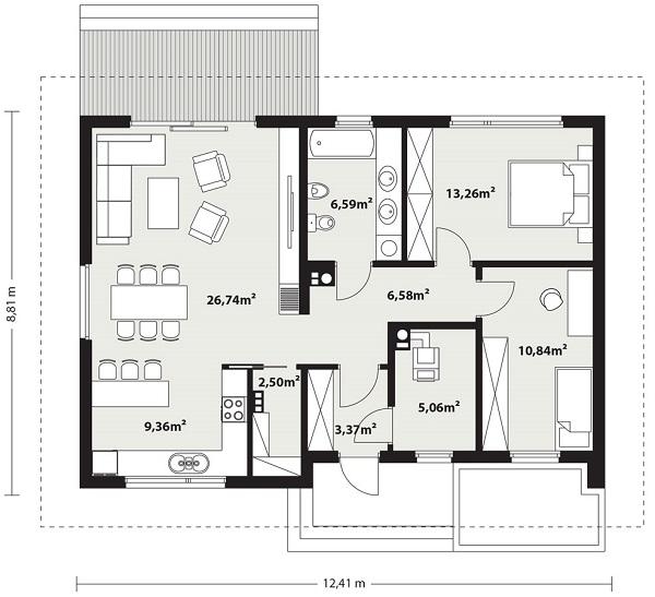 Rzut parteru POW. 84,3 m²