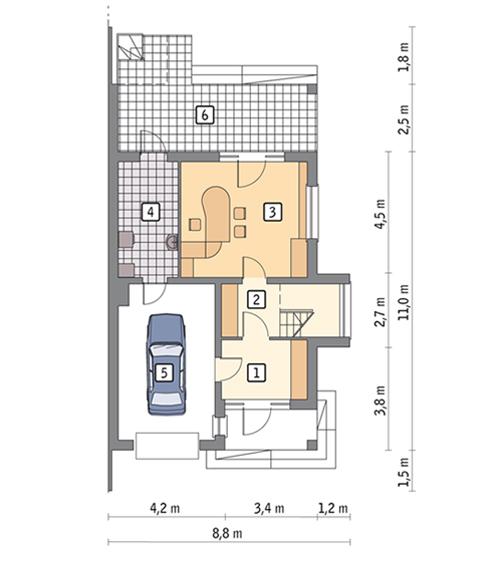 Rzut parteru POW. 64,1 m²
