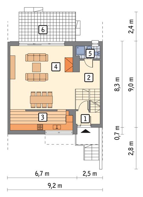 Rzut parteru POW. 65,5 m²
