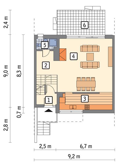 Rzut parteru lustro POW. 65,5 m²