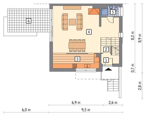 Rzut parteru POW. 65,4 m²