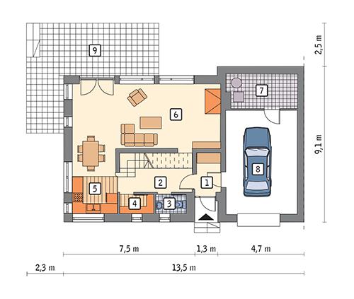 Rzut parteru POW. 88,2 m²