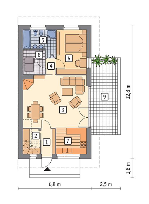 Rzut parteru POW. 68,8 m²