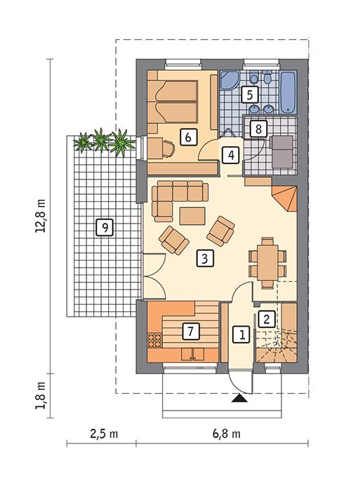 Rzut parteru lustro POW. 68,8 m²
