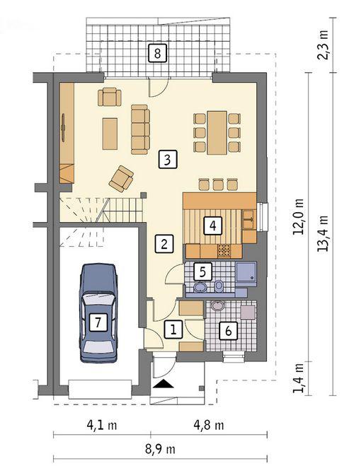 Rzut parteru POW. 89,9 m²