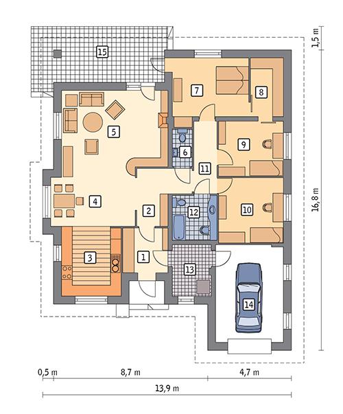 Rzut parteru POW. 150,9 m²