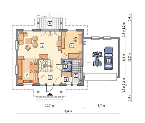 Rzut parteru POW. 107,5 m²