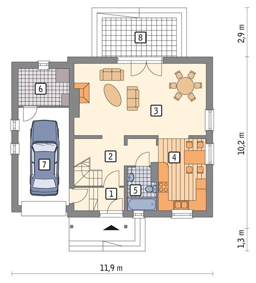 Rzut parteru POW. 86,9 m²
