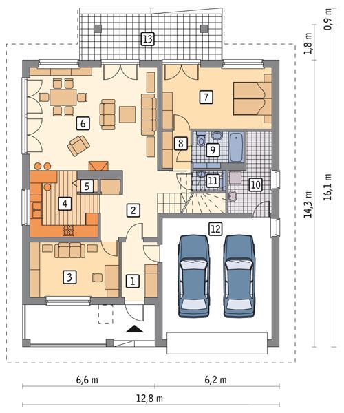 Rzut parteru POW. 134,7 m²