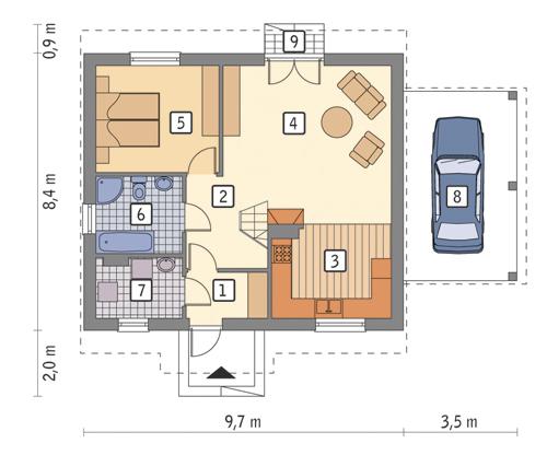 Rzut parteru lustro POW. 63,6 m²