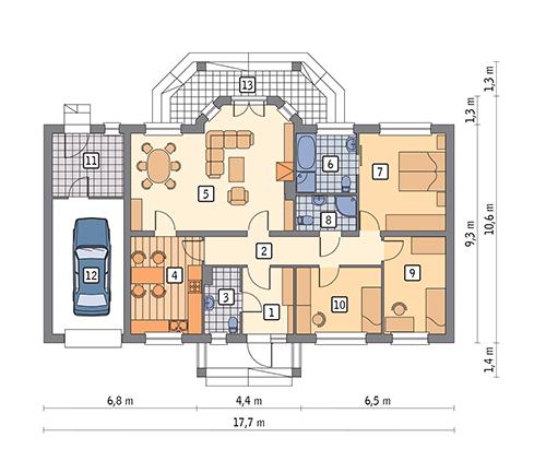 Rzut parteru POW. 134,4 m²