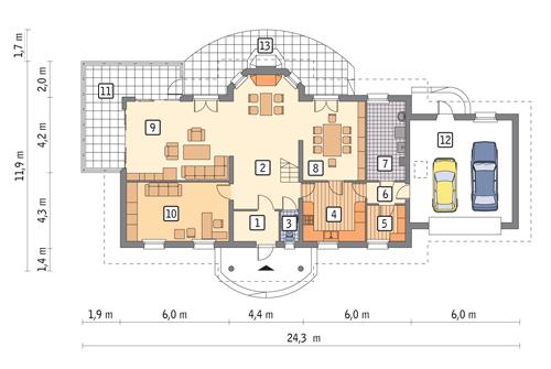 Rzut parteru lustro POW. 169,1 m²