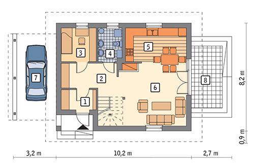 Rzut parteru: wariant 1 POW. 60,5 m²