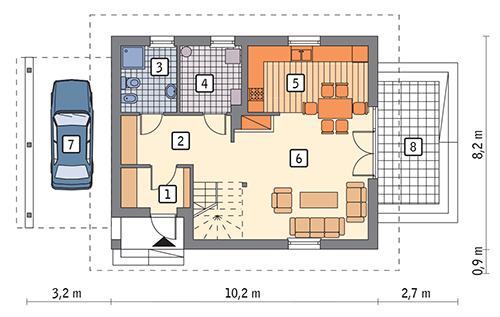 Rzut parteru: wariant 2 POW. 60,5 m²