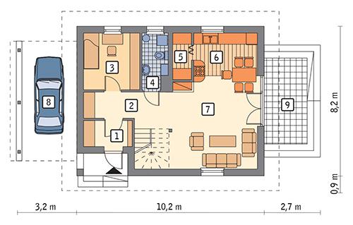 Rzut parteru: wariant 3 POW. 60,1 m²
