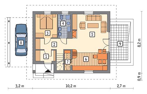 Rzut parteru: wariant 5 POW. 62,7 m²