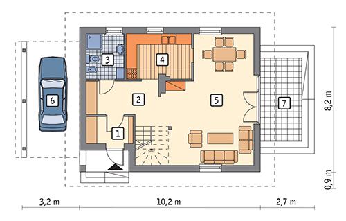 Rzut parteru: wariant 7 POW. 60,7 m²