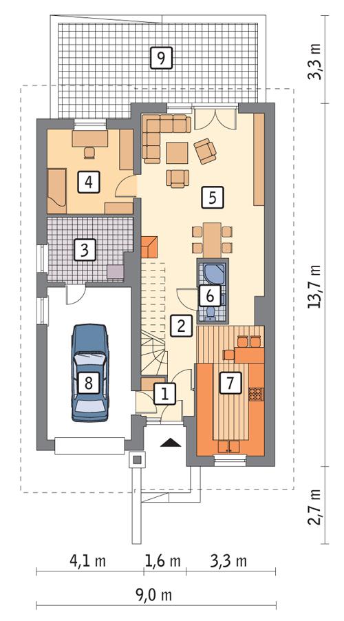 Rzut parteru POW. 90,7 m²