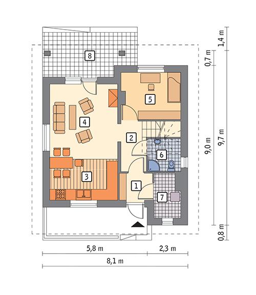 Rzut parteru POW. 45,2 m²