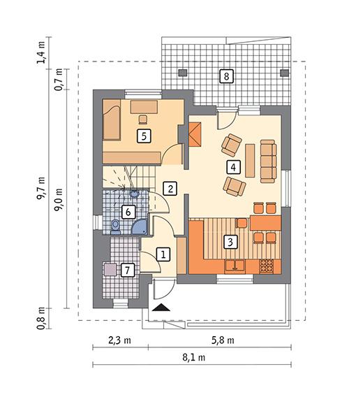 Rzut parteru lustro POW. 45,2 m²