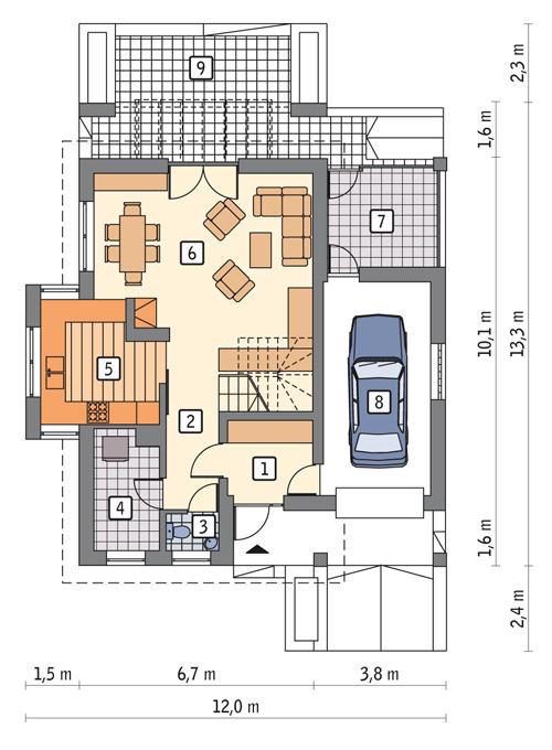 Rzut parteru POW. 88,3 m²