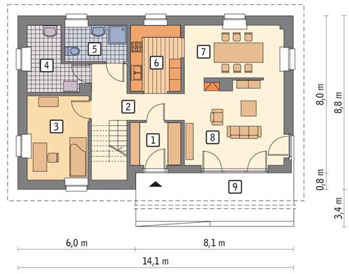Rzut parteru POW. 88,2 m²