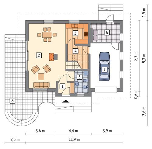 Rzut parteru POW. 82,8 m²