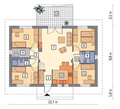 Rzut parteru POW. 90,9 m²