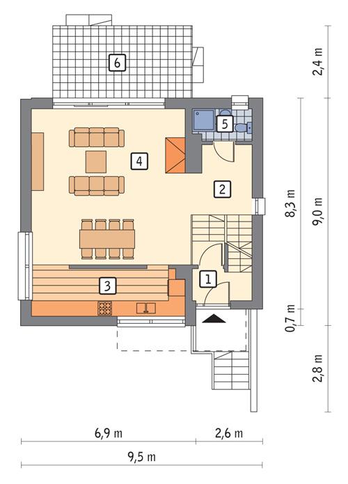Rzut parteru POW. 65,5 m²