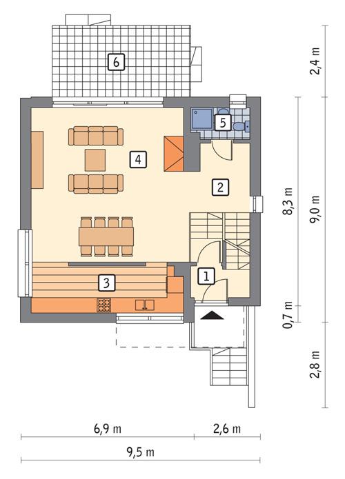 Rzut parteru POW. 65,5 m²